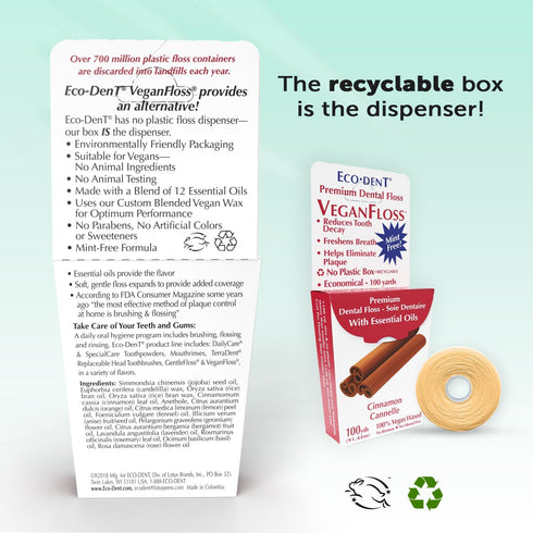 Eco-Dent VeganFloss Dental Floss, Waxed, Cinnamon - Floss with Vegan Plant-Based Wax, Recyclable Cardboard Packaging, 100 Yds (Pack of 6)...