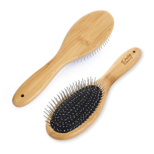 Dog Pin Brush, Airbag Grooming Wooden Comb Pet 20mm Stainless Steel Round Pin Slicker Brush with Bamboo Handle for Removing Shedding Tangles Dead ...