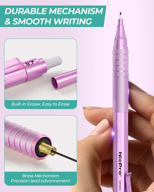 Nicpro 0.7 mm Mechanical Pencils Set with Case, 3PCS Metal Drafting Pencil, Pastel Mechanical Pencils 0.7 With 480 PCS HB Pencil Leads, 3 Erasers,...