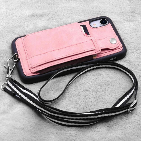 TOOVREN Cover for iPhone XR Wallet Case with Lanyard Strap Card Holder Protective Cover with Stand Wallet Leather PU Adjustable Detachable Lanyard...