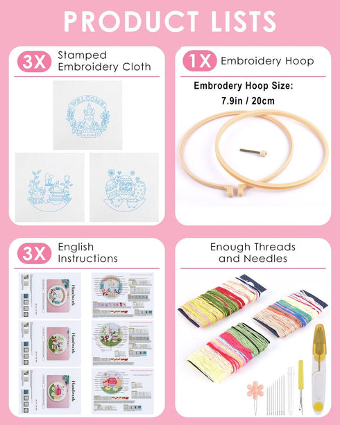 TINDTOP Embroidery Kit for Adult Beginners, 3 Sets Embroidery Stitch Practice kit Include Embroidery Cloth Hoops Threads for Craft Lover Hand Stit...