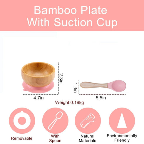 Baby Bowls and Spoons, Baby Bamboo Bowl and Spoon | Silicone Suction | Bamboo Baby Bowls for Baby | Baby Bowls First Stage | Baby Wood Bowls (Pink...