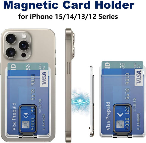 for MagSafe Card Holder, Magnetic Phone Wallet for iPhone 15/14/13/12 Series or All Magnetic Phone Case, with Metal Stand, Crystal Clear Not-Yello...