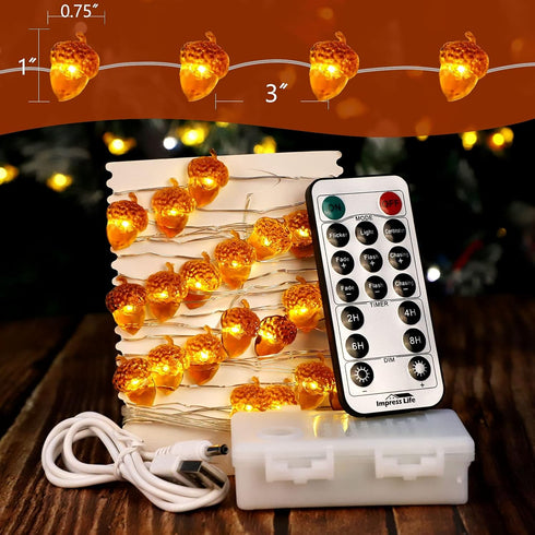 Impress Life Thanksgiving Decoration Acorn String Lights, 10ft Silver Wire 40 LED Battery Powered with Dimmable Remote Timer for Ice Age, Indoor,W...