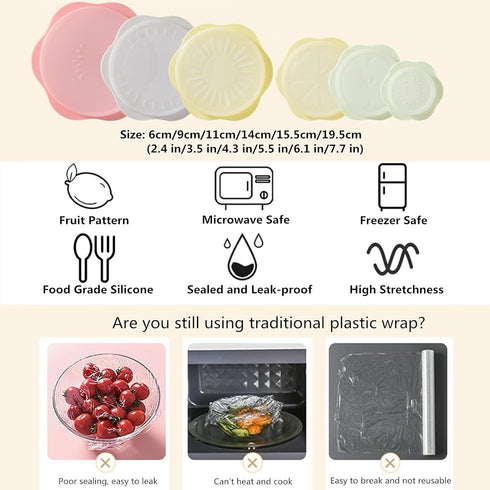 Silicone Stretch Lids Set for Food Storage, Fruit Pattern Food-grade Reusable Silicone Sealing Food Covers for Fresh-keeping Bowl Container Microw...