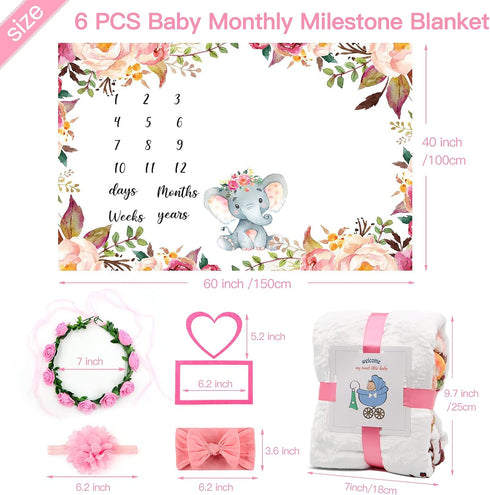 SPOKKI 6 PCS Baby Monthly Milestone Blanket Girl, 60''x40''Fleece Monthly Blanket Newborn with Headband for Photography Background Prop and Mom Nu...