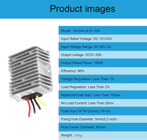 DC Voltage Regulator Buck Converter DC 12V 24V Step-Down to 5V 20A 100W Reducer stabilized Power Supply Converter Waterproof Module Transformer...