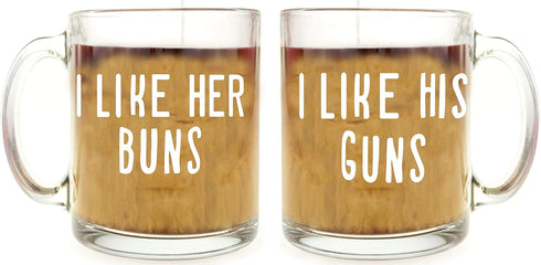 AW Fashions I Like His Guns, I Like Her Buns Couples Mug - Funny Couple Mug - (2) 13OZ Glass Coffee Mug - Funny Mug Set - Mugs For boyfriend and G...