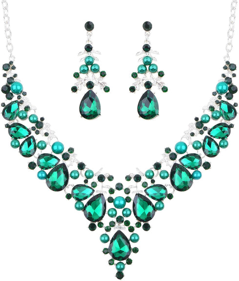 Jewelry Set for Women, 1 Set Green Pearl Crystal Necklace and Dangle Earrings Elegant Bridal Floral Cluster Teardrop Statement Necklace Earrings f...
