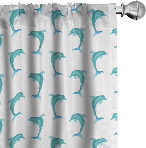 Ambesonne Sea Animals Window Curtains, Aqua Watercolor Art Dolphin Ocean Playful Marine Underwater Theme, Lightweight Decor 2-Panel Set with Rod P...