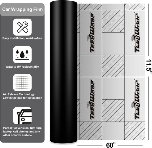 TECKWRAP 11.5"x60" Matte Black Vinyl Wrap Film, DIY Friendly, Durable, with Air Release Technology, Adding Style and Protection to Your Vehicle...