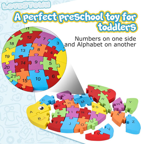LovesTown Goldfish Wooden Puzzle, 26PCS Jigsaw Puzzle Alphabet and Number Building Blocks for Kids Toddler Preschool...
