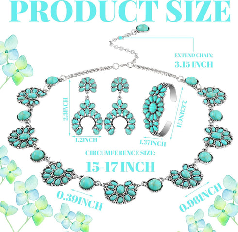 3 Pcs Turquoise Jewelry for Women Turquoise Jewelry Set Silver Bohemian Turquoise Jewelry Necklace Western Jewelry Vintage Turquoise Dangle Earrin...
