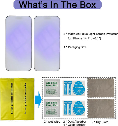 2 Pack Matte Anti-Blue Light Eye Protection Screen Protector for iPhone 14 Pro, Anti-Glare Blue-Light Blocking Tempered Glass Film 6.1", Scratch R...