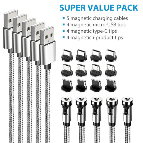Terasako Magnetic Charging Cable 5-Pack (3/3/6/6/10FT), 540° Rotating Magnetic Phone Charger Cable with LED Light, 90° Angle Connector, Nylon-Brai...