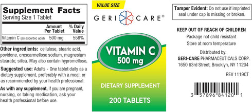 GeriCare Vitamin C 500 mg Antioxidant, Immune System Support, Nutritional Supplement Tablets, 200 Count (Pack of 1)...