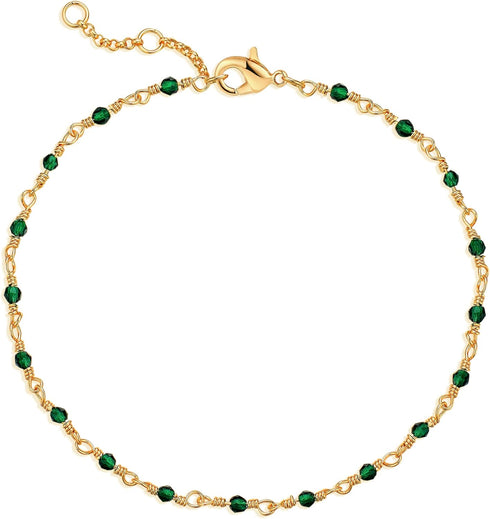 MEVECCO Dainty Gold Beads Bracelets,18K Gold Plated Handmade Cute Emerald Zircon Bead Chain Minimalist Bracelet for Women Jewelry Gifts...