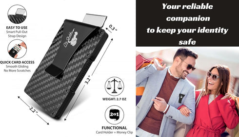Carbon Fiber Wallet With Money Clip and Smart Pull-Out Strap for Ease of Use - Quick Card Access Card Holder Wallet - Wallet Clip - Slim Metal Wal...