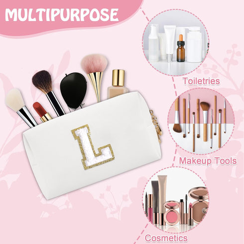 Personalized Initial Preppy Travel Makeup Bag Organizer, Small White Cute Cosmetic Bag Toiletry Zipper Pouch for Women, Portable Waterproof PU Mak...