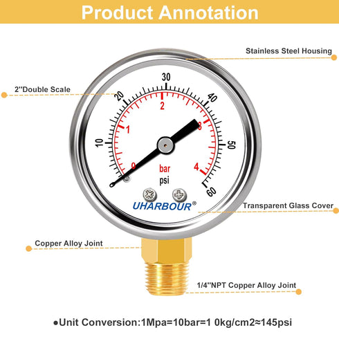 Lead-Free Water Pressure Gauge Liquid Filled 60 Psi 2" Dial, Stainless Steel Case, 1/4" NPT Lower Mount, Water Pressure Gauge for Home...