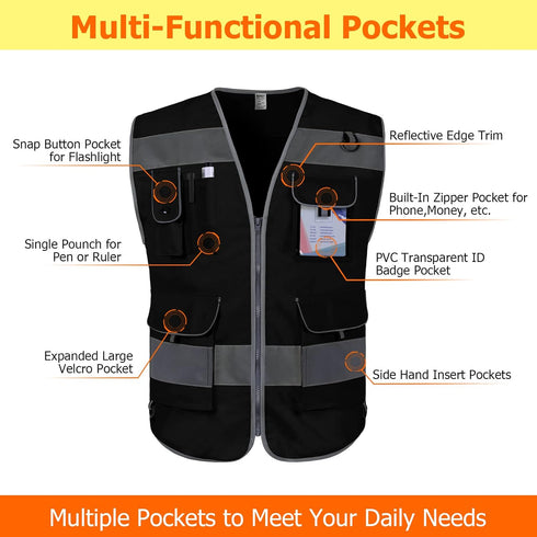 TCCFCCT Black Safety Vest for Men Women 9 Pockets High Visibility Reflective Vest for Safety, Work Vest with Reflective Strips, Meets ANSI/ISEA St...
