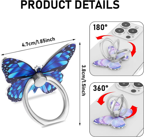 2 Pcs Butterfly Cell Phone Ring Holder 360° Rotation Zinc Alloy Bling Finger Kickstand Cute Fashion Beautiful Phone Ring Grip Universal Compatible...
