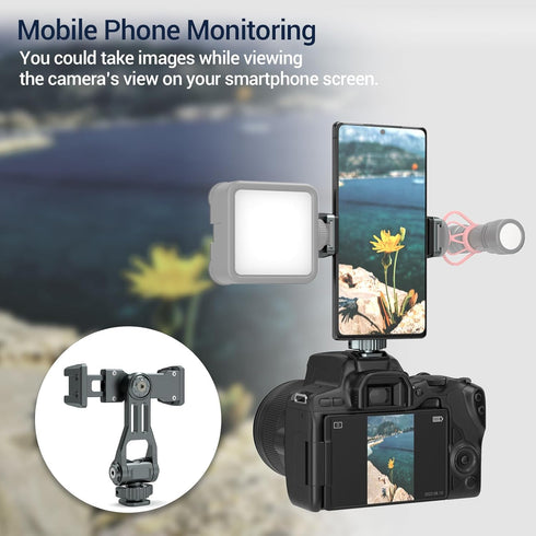 Phone Mount for Camera Hot Shoe, Aluminum Camera Hot Shoe Phone Holder with 2 Additional Cold Shoe Mounts, 360°Adjustable Phone Holder for iPhone ...