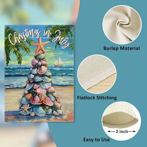 Decorative Garden Flag, Christmas Tropical Xmas Tree Beach Coastal Starfish Shell Yard Outside Decorations, Hawaii Nautical July Summer Holiday Ou...