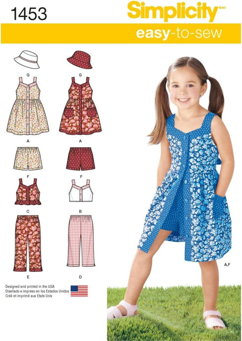 Simplicity Easy to Sew Girl's Dress, Top, Pants or Shorts and Hat Clothing Sewing Pattern Kit, Code 1453, Sizes 3-8...