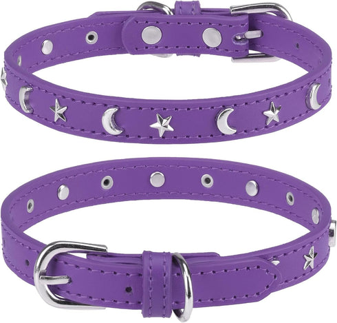 Leather Dog Collar for Puppy Small Medium Dogs, Adjustable Star Moon Rivet Studded Pet Collars with Rust-Proof Metal Buckle and Charms, XS S Dog C...