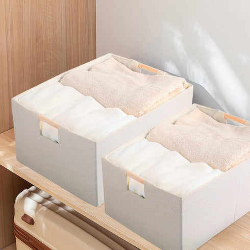 Fabric Storage Bin Box Foldable Cotton Linen Storage Basket with Wooden Handles Rectangular Cube Decorative Home Laundry Organizer Clothes Blanket...