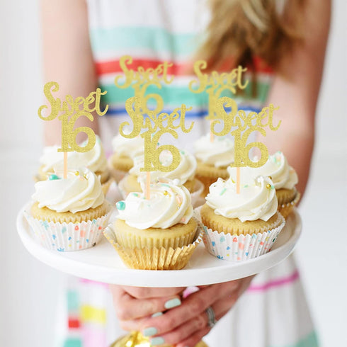 Ercadio 24 Pack Sweet 16 Cupcake Toppers Gold Glitter Age Sixteen Cupcake Picks Anniversary 16th Kids Birthday Party Cake Decors...