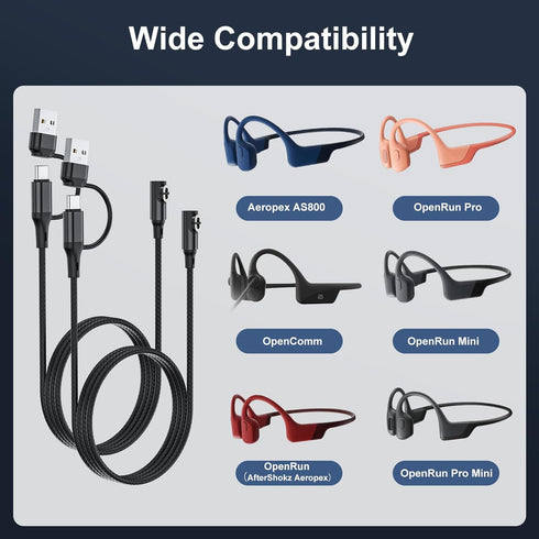 2-in-1 Shokz Charging Cable, 2 Pack Shokz Charger for AfterShokz Aeropex AS800/Shokz OpenRun Pro/OpenRun/OpenRun Mini/OpenComm USB C and USB A Cor...