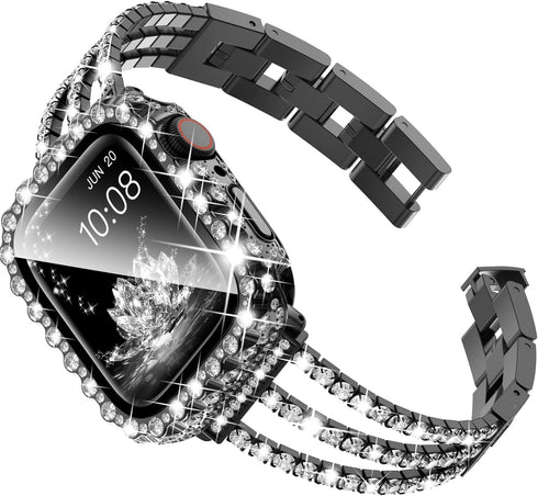 Surace Compatible with Apple Watch Bands 45mm for Women Series 9 8 7, Bling Diamond Rhinestone Link Bracelet with 2 in 1 Waterproof Bling Case Lac...
