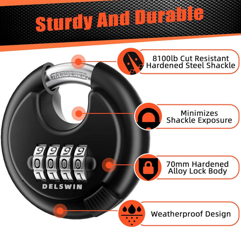 DELSWIN 4 Digit Combination Disc Padlock with Hardened Steel Shackle Combo Lock for Sheds, Storage Unit, School Gym Locker and Fence (Black,1Pcs)...