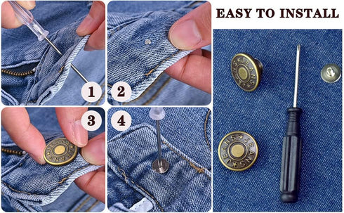 12 Sets Adjustable Buttons for Jeans, 20mm No Sew Instant Metal Buttons, Removable Jean Buttons Replacement Repair Kit with Threads Rivets and Scr...