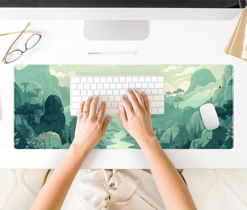 Cute Pastel Mint Green Forest Sage Desk Mat Anime Large Gaming Mouse Pad XL, Aesthetic Sunrise Laptop Computer Keyboard Mouse Mat, Women Office De...