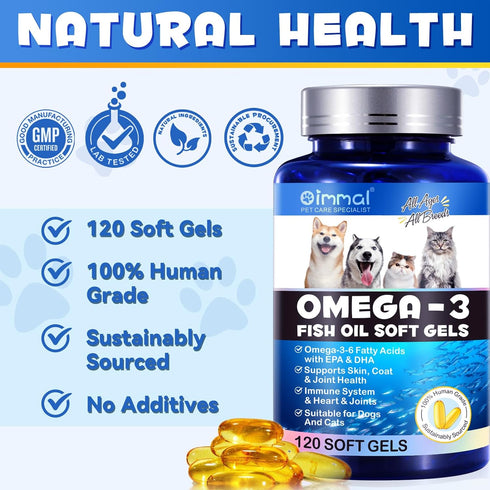 Omega-3 Pet, Salmon Oil Soft Gels for Dogs and Cats (120pcs)- Skin and Coat Health Supplement with EPA & DHA Fatty Acids, Omega-3 Fish Oil Pills T...