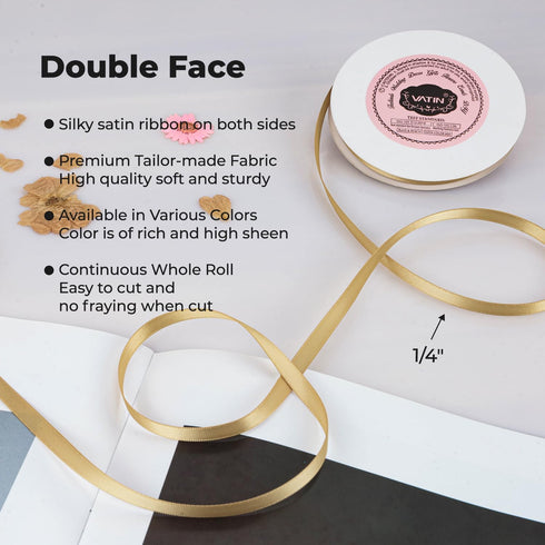 VATIN Double Face New Gold Satin Ribbon 1/4" Continuous 50 Yards,Gold Polyester Fabric Ribbon use for Bows Bouquet, Gift Wrapping, Floral Arrangem...