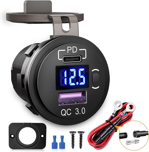 Nilight Quick Charge Socket PD Type C and QC 3.0 USB Fast Charge 12V 24V Car Outlet Voltmeter ON OFF Switch Fused Wire Kit Dual USB Charger Socket...