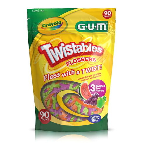GUM Crayola Twistables Kids Flossers with Fluoride - Designed for Little Hands - Three Fun Fruit Flavors - Easy to Use Kids Floss Picks for Childr...