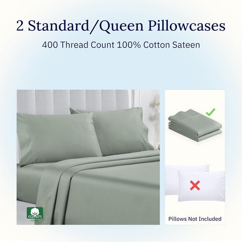 California Design Den Standard Queen Size Pillowcase Set - 400 Thread Count, 100% Cotton Sateen, Set of 2 Pillow Covers, Breathable, Cooling, Soft...