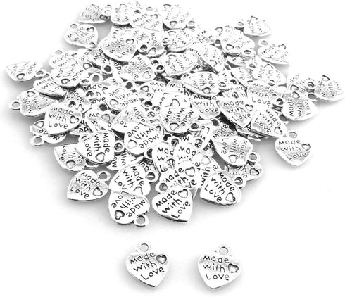 100pcs Heart Shape Charms Pendants Made with Love Letters Carving DIY Craft Necklace Bracelets Keychain Jewelry Making Findings Accessories (Ancie...
