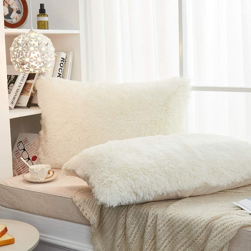 JAUXIO Long Faux Fur Soft Soild Decorative Pillowcase Oblong Fluffy Throw Pillow Cover Velvet Shaggy Plush Cushion Case Set of 2 Zipper Closure Ki...
