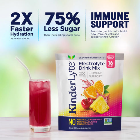 Kinderlyte Electrolyte Powder for Kids and Adults - Drink Mix Hydration Packets (Fruit Punch, 16 Count), No Artificial Sweeteners or Flavors, No S...
