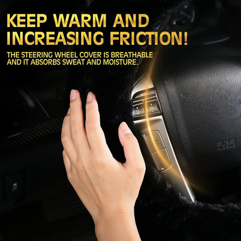 Car Steering Wheel Cover with Handbrake Cover & Gear Shift Cover Cxtiy Fashion Steering Wheel Wrap Fluffy Soft and Warm in Winter Diameter 14.96" ...