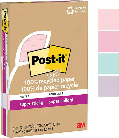 Post-it 100% Recycled Paper Super Sticky Notes, 2X The Sticking Power, 4x6 in, Lined, 4 Pads/Pack, 45 Sheets/Pad, Wanderlust Pastels Collection (4...