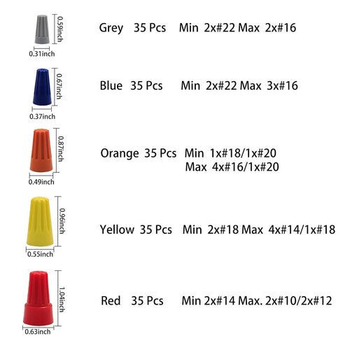 175PCS Electrical Wire Connectors Screw Terminals with Spring Insert Twist Nuts Caps Connection Assortment Set – Orange, Gray, Blue, Yellow and Re...