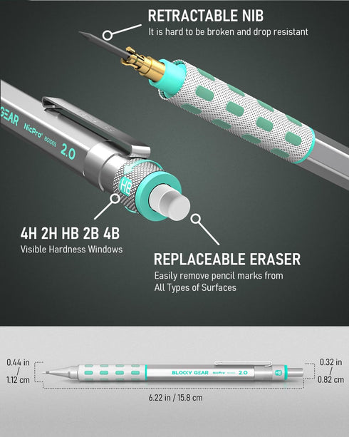 Nicpro Blocky Gear 2mm Mechanical Pencils in Case, Metal Drafting Lead Holder with 6 Tubes 2mm Lead Refill (HB 2B 2H 4B 4H & Colors) Sharpeners, E...