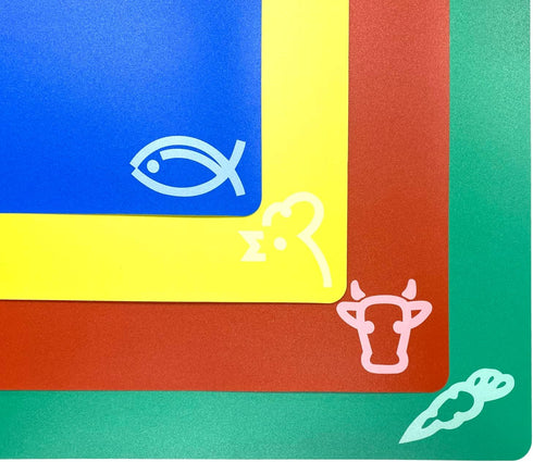 4pc Cutting Boards Flexible Plastic Color Coded Mats Food Icons Meat Vegetable Fish Chicken Chopping Small Busy Kitchen Countertops Catering Thank...